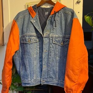 Vintage Archival 90's The Gap Denim Jean Jacket Hooded Orange Sleeves Medium